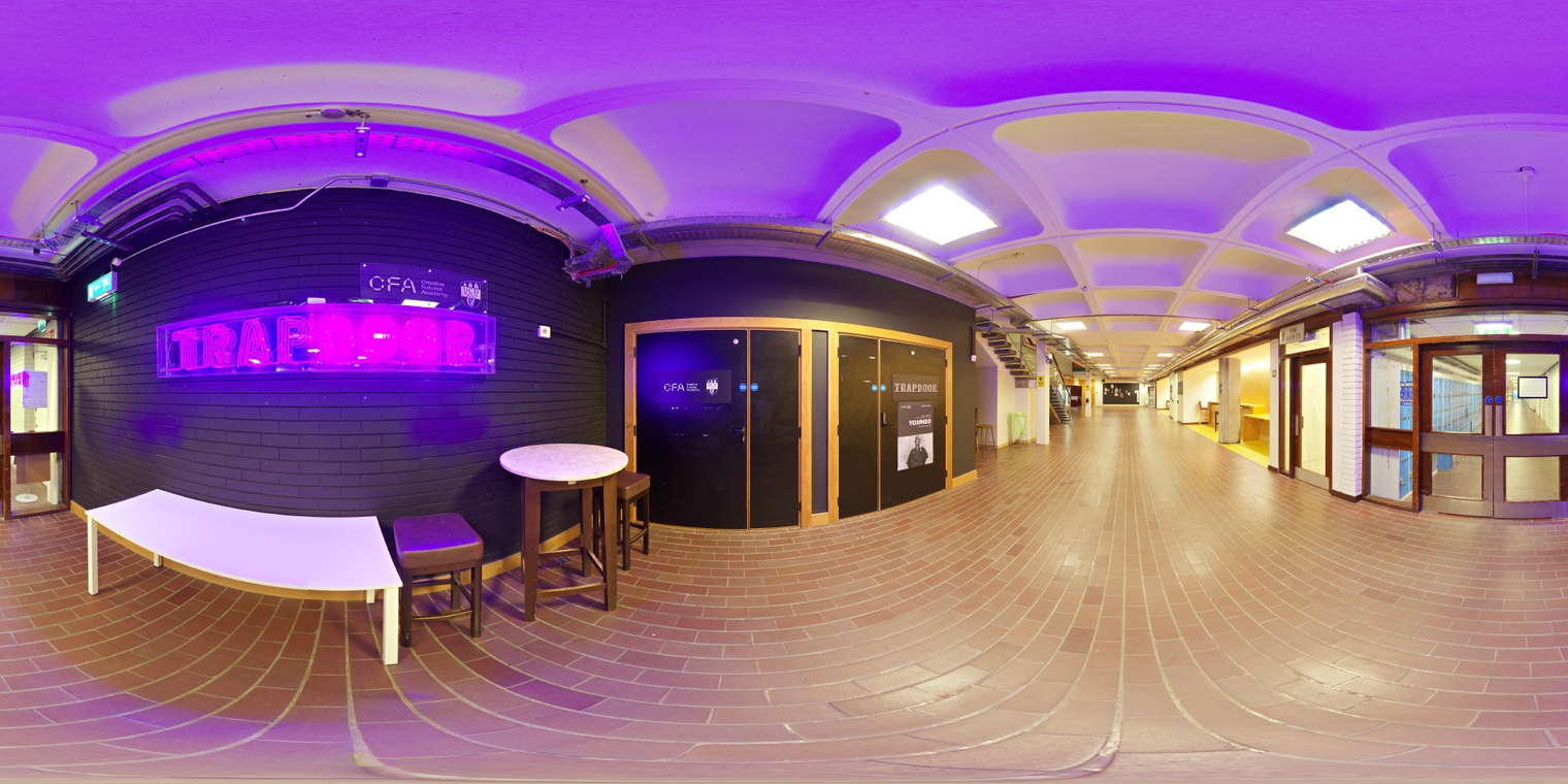 Free 20k HDRI, unclipped, indoor lobby with warm overhead fluorescents and vivid magenta neon; glossy floor reflections and soft ambient shadows.