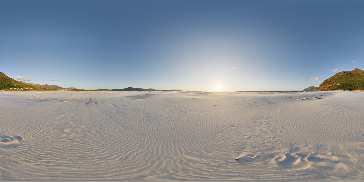 Unclipped, free 24K HDRI of a white sand beach at sunset: low sun, clear sky, warm golden rim light, long soft shadows on rippled sand, subtle blue fill.