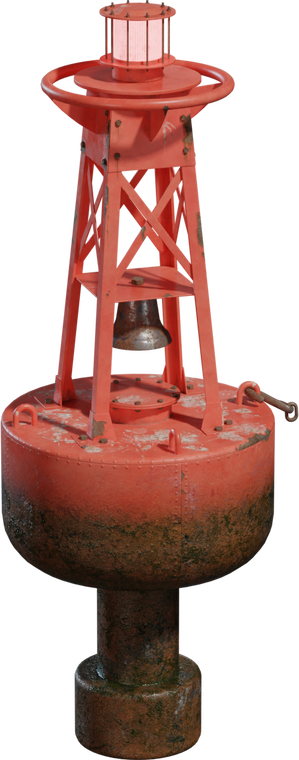 Free 8K model of a weathered red ocean buoy with cage light, bell, and ring guard. Rust, chipped paint, and mossy marine growth on the hull and base.