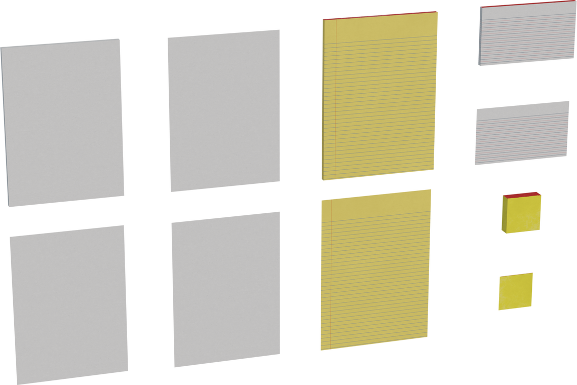 Free 4K model of assorted office notepads: blank sheets, lined legal pads with red glue, index cards, and sticky notes. Realistic paper grain and crisp edges.