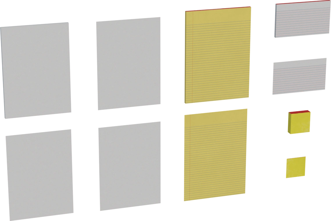 Free 4K model of assorted office notepads: blank sheets, lined legal pads with red glue, index cards, and sticky notes. Realistic paper grain and crisp edges.