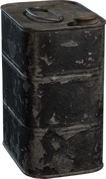 Free 4K model of a battered metal oil tin: rectangular body with deep seams, loop handle and screw cap, heavy rust, dents and flaking paint for gritty realism.