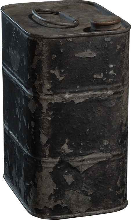 Free 4K model of a battered metal oil tin: rectangular body with deep seams, loop handle and screw cap, heavy rust, dents and flaking paint for gritty realism.