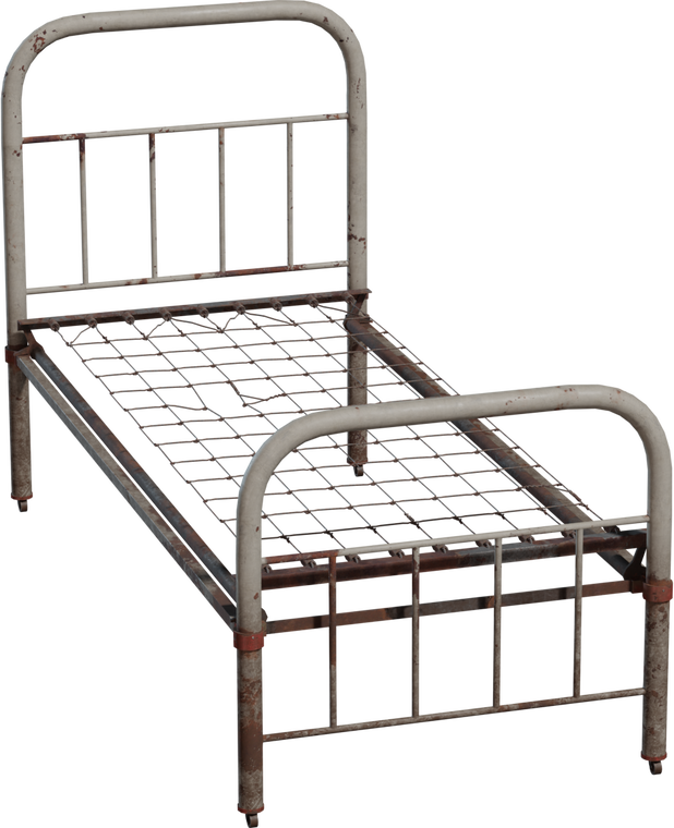 Free 8K old metal bed frame with tubular rails, wire mesh base, chipped white paint and rust stains. Sturdy single-size vintage look with worn details.