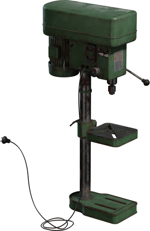 Free 8K model of an old green drill press with chipped paint, rusted steel column, worn slotted table, power cord and labels, realistic grime and dents.
