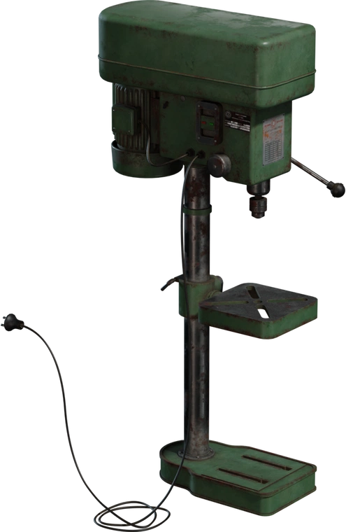 Free 8K model of an old green drill press with chipped paint, rusted steel column, worn slotted table, power cord and labels, realistic grime and dents.