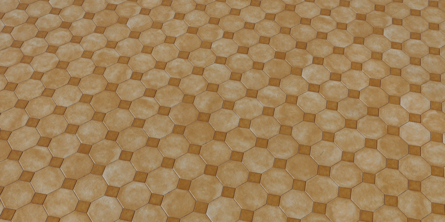 Free 16k linoleum texture: warm tan geometric vinyl tiles with a smooth, slightly glossy surface and subtle vintage wear.