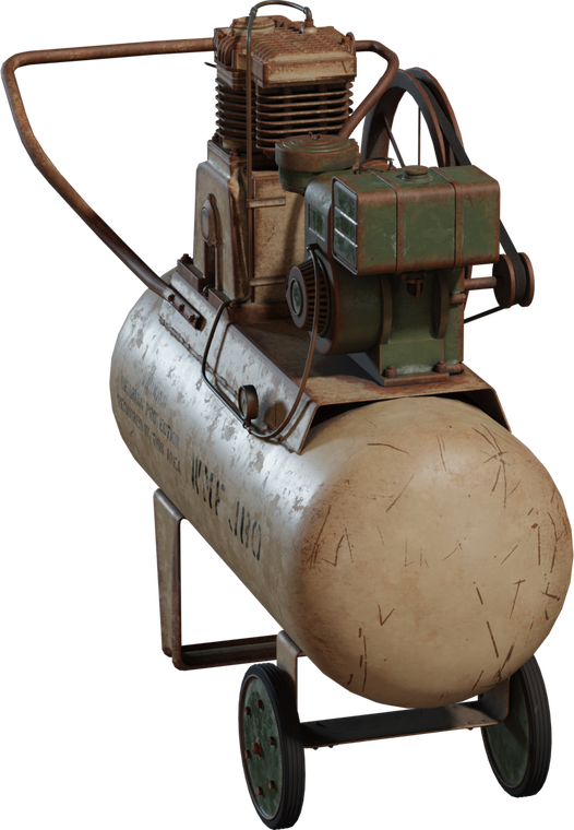 Free 8K model of an old military compressor with dented, scratched tank, stenciled markings, chipped green paint, rusty steel, belt drive, and worn wheels.