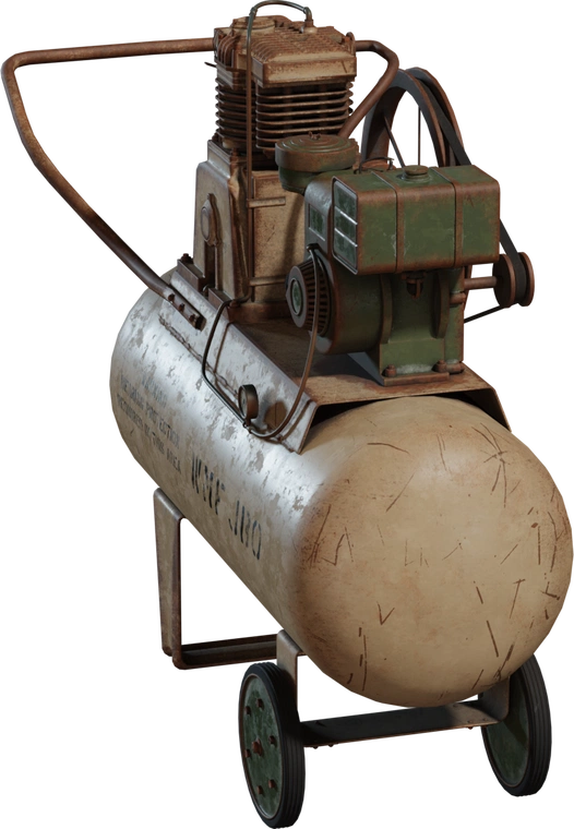 Free 8K model of an old military compressor with dented, scratched tank, stenciled markings, chipped green paint, rusty steel, belt drive, and worn wheels.