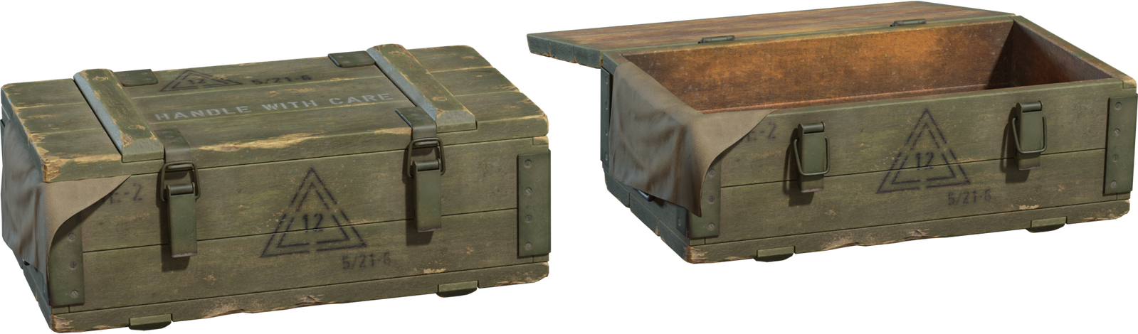 Free 8K model of an old green military crate with worn wood, chipped paint, metal latches, stenciled markings and a canvas flap, shown open and closed.