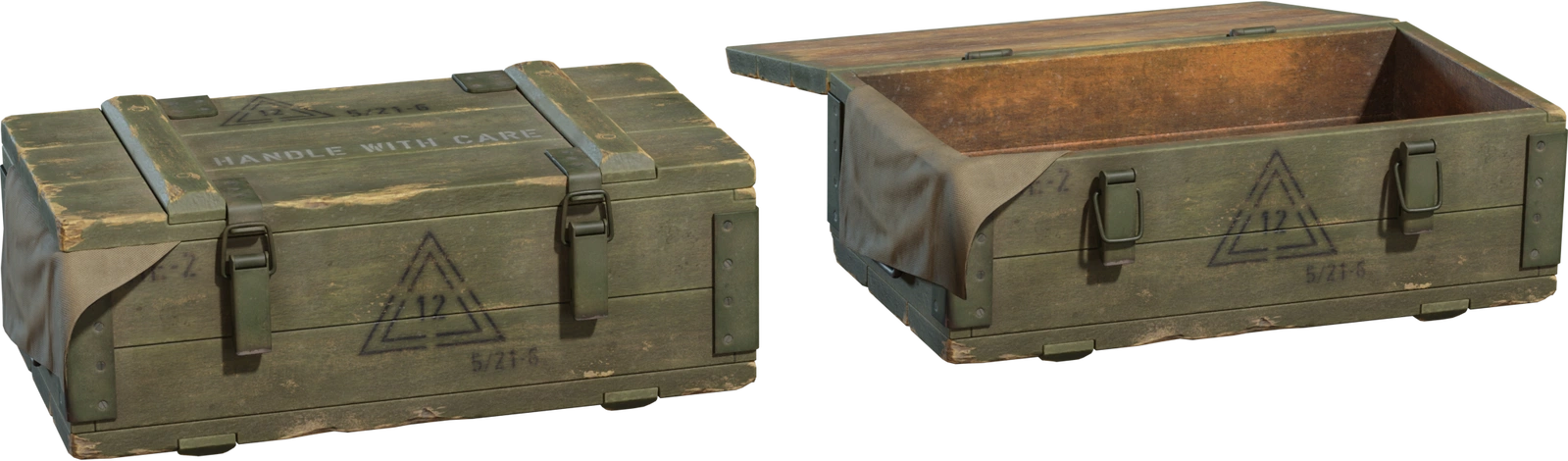 Free 8K model of an old green military crate with worn wood, chipped paint, metal latches, stenciled markings and a canvas flap, shown open and closed.