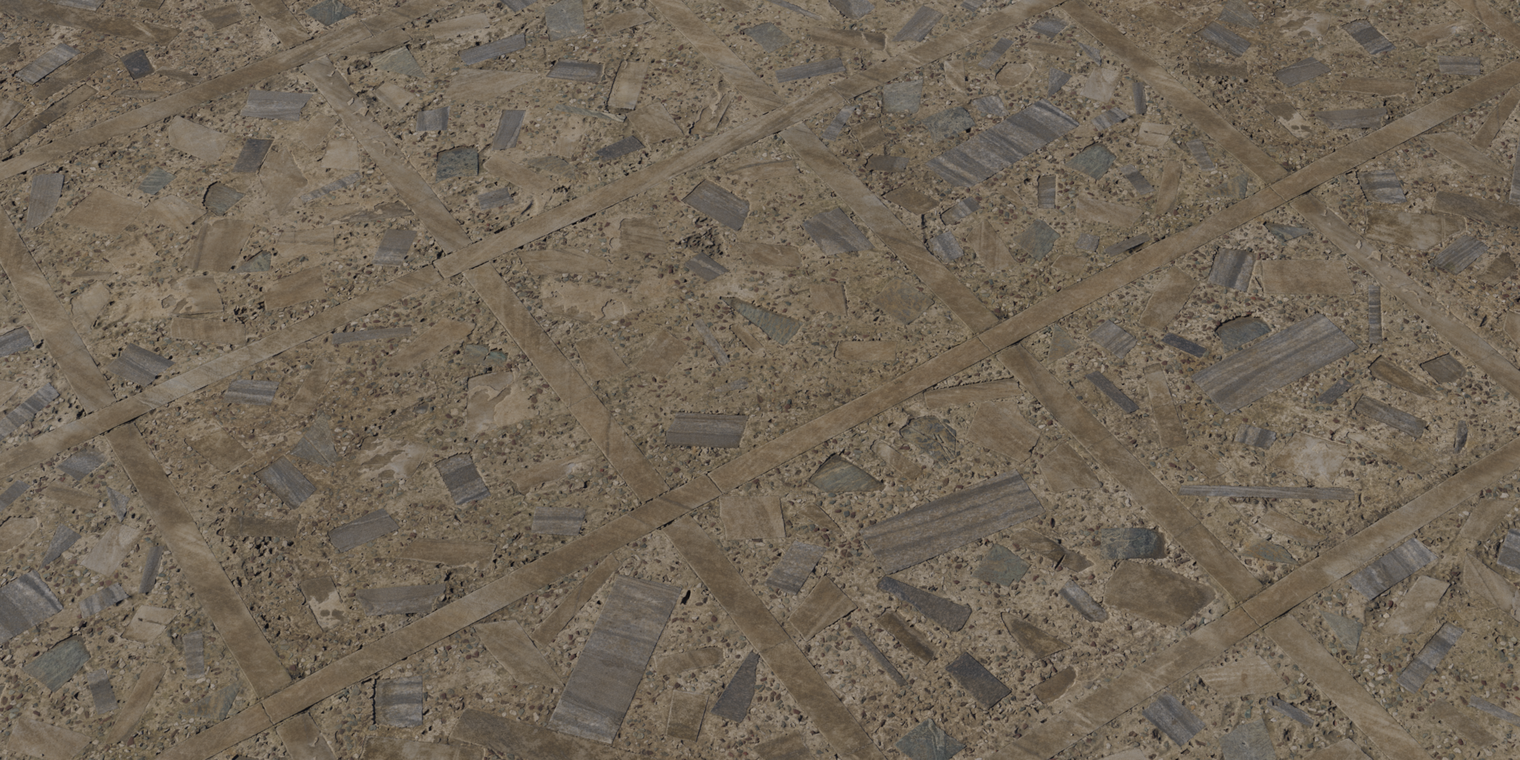 Free 8k texture of a weathered mosaic terrazzo floor: rough, gritty concrete surface with irregular embedded stone chips and worn tile joints.