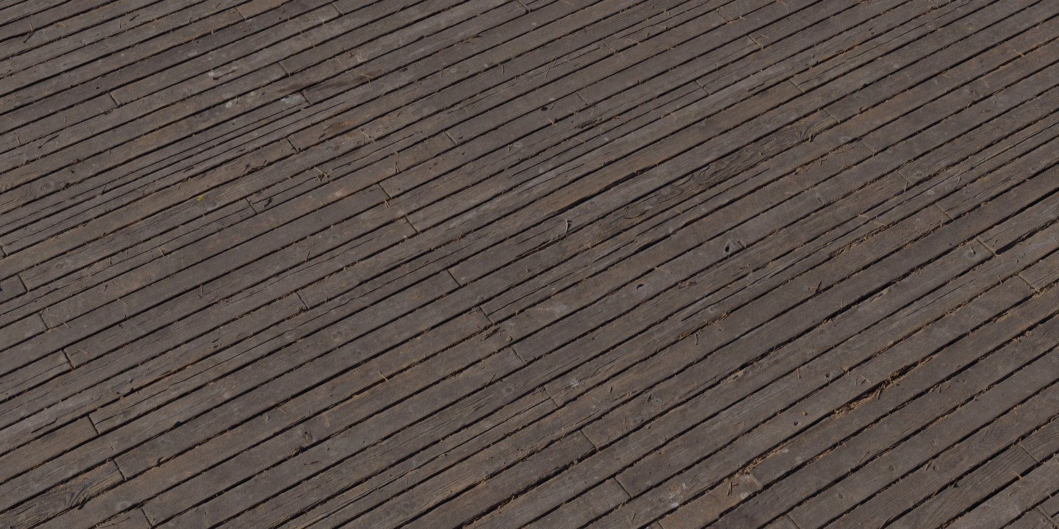 Free 8K texture of old, weathered brown wooden floor planks with uneven, worn boards, deep grain, cracks and dirt-filled gaps.