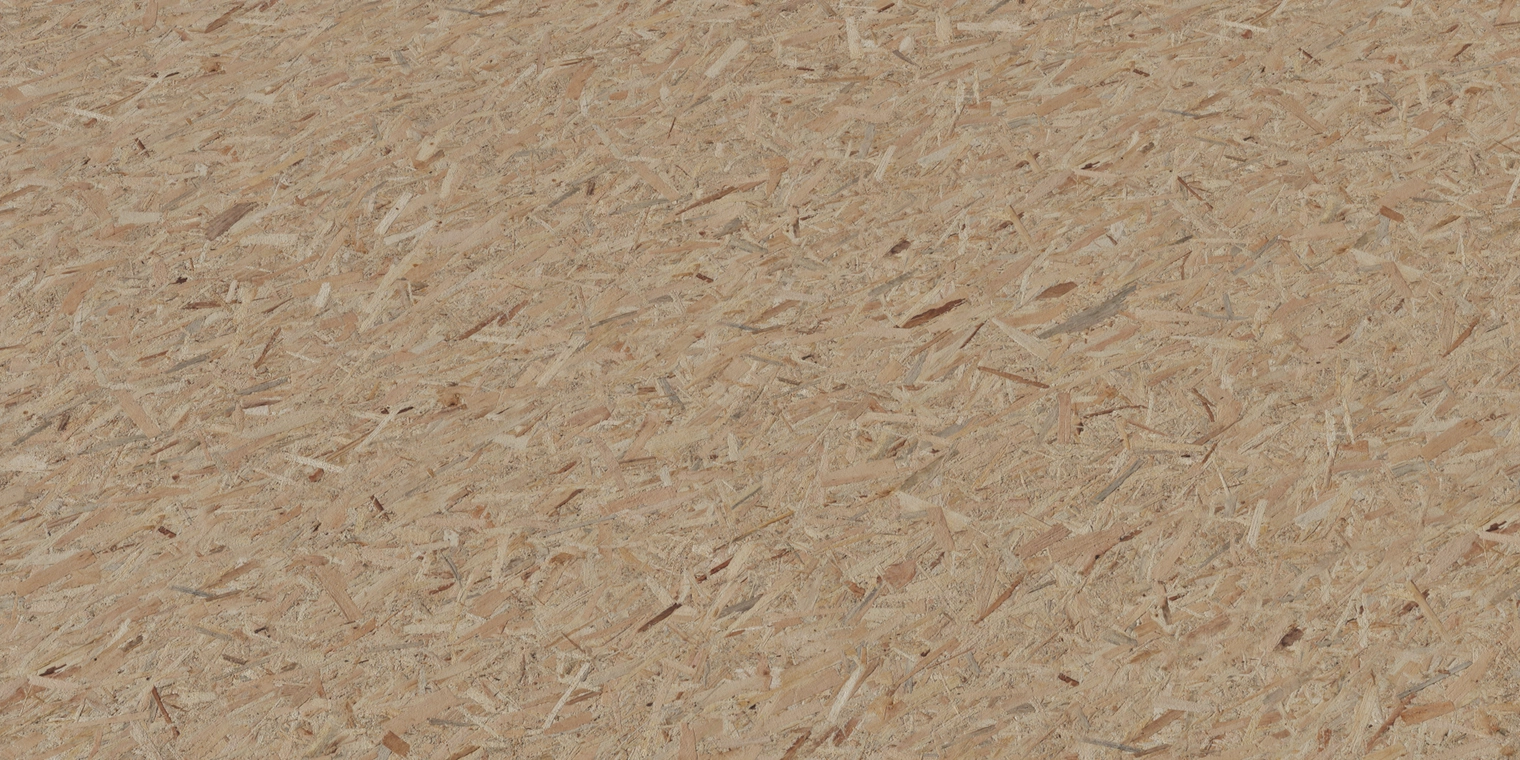 Free 8k texture of oriented strand board - lacquered, slightly glossy coated wood with compressed wood-chip pattern and pressed waferboard surface