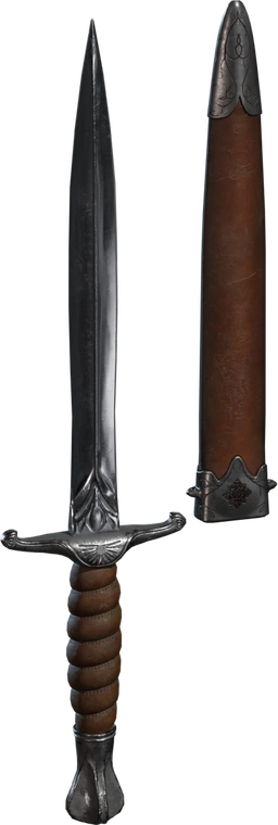 Free 8K model of an ornate medieval dagger: polished double-edged blade, engraved silver guard and pommel, leather-wrapped grip and decorated sheath.