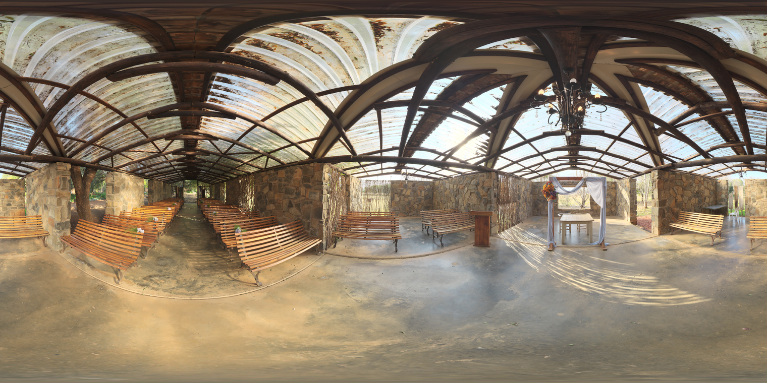 Free 20K unclipped HDRI. Airy outdoor chapel with warm morning-afternoon light, medium contrast and transparent roof - perfect for wedding renders.