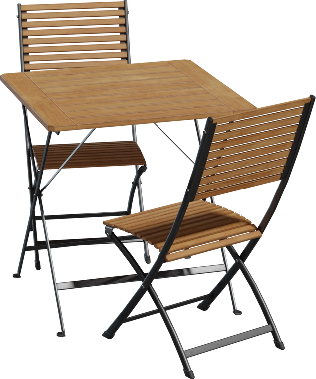 Free 4K model: compact outdoor foldable table & two chairs with wood slats and metal frame; perfect for city cafes, diners, patios and street seating.