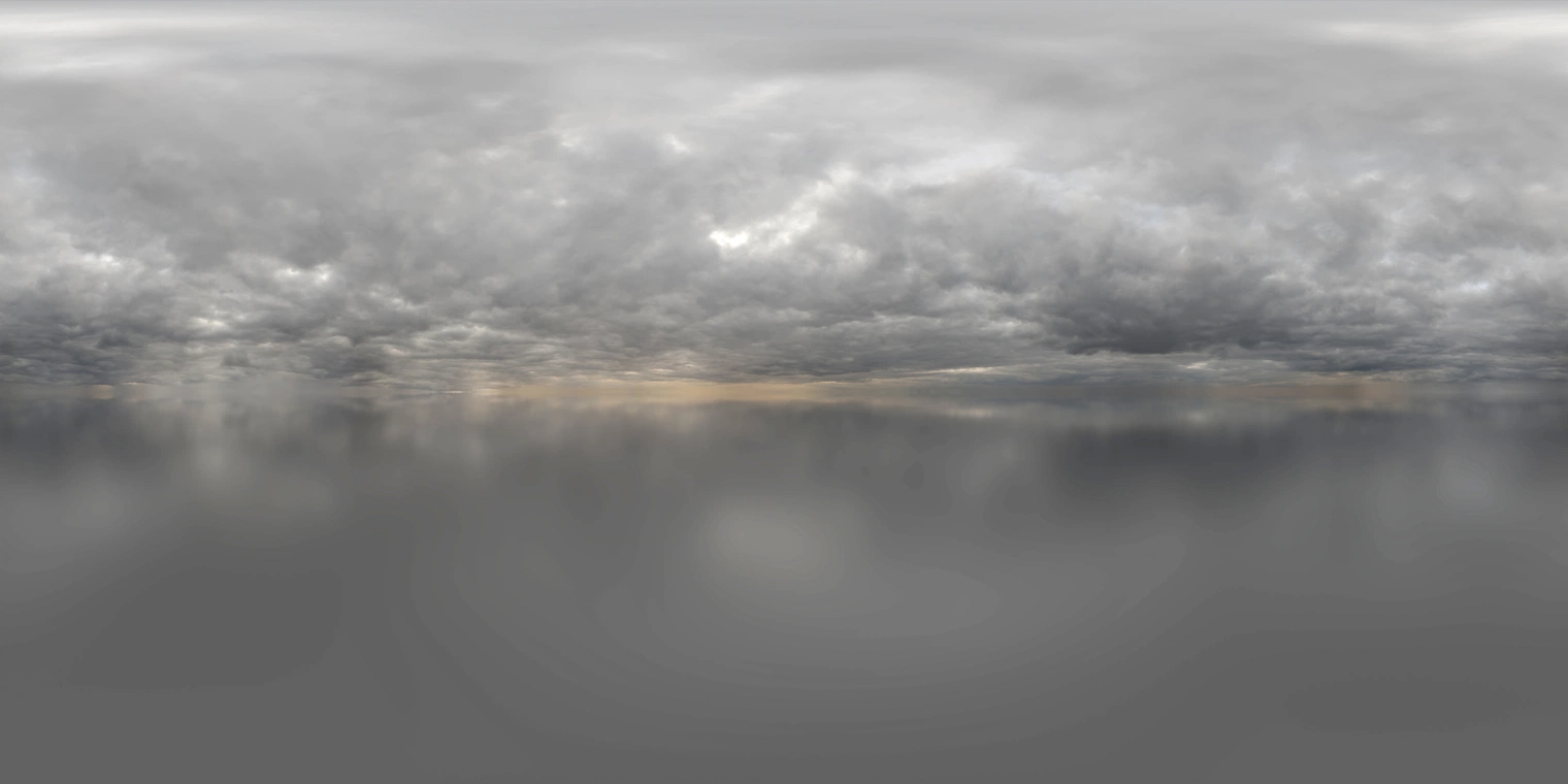 Free 16K unclipped HDRI: soft, low-contrast overcast sky with diffused natural morning/afternoon light and a subtle warm horizon glow, calm moody lighting.