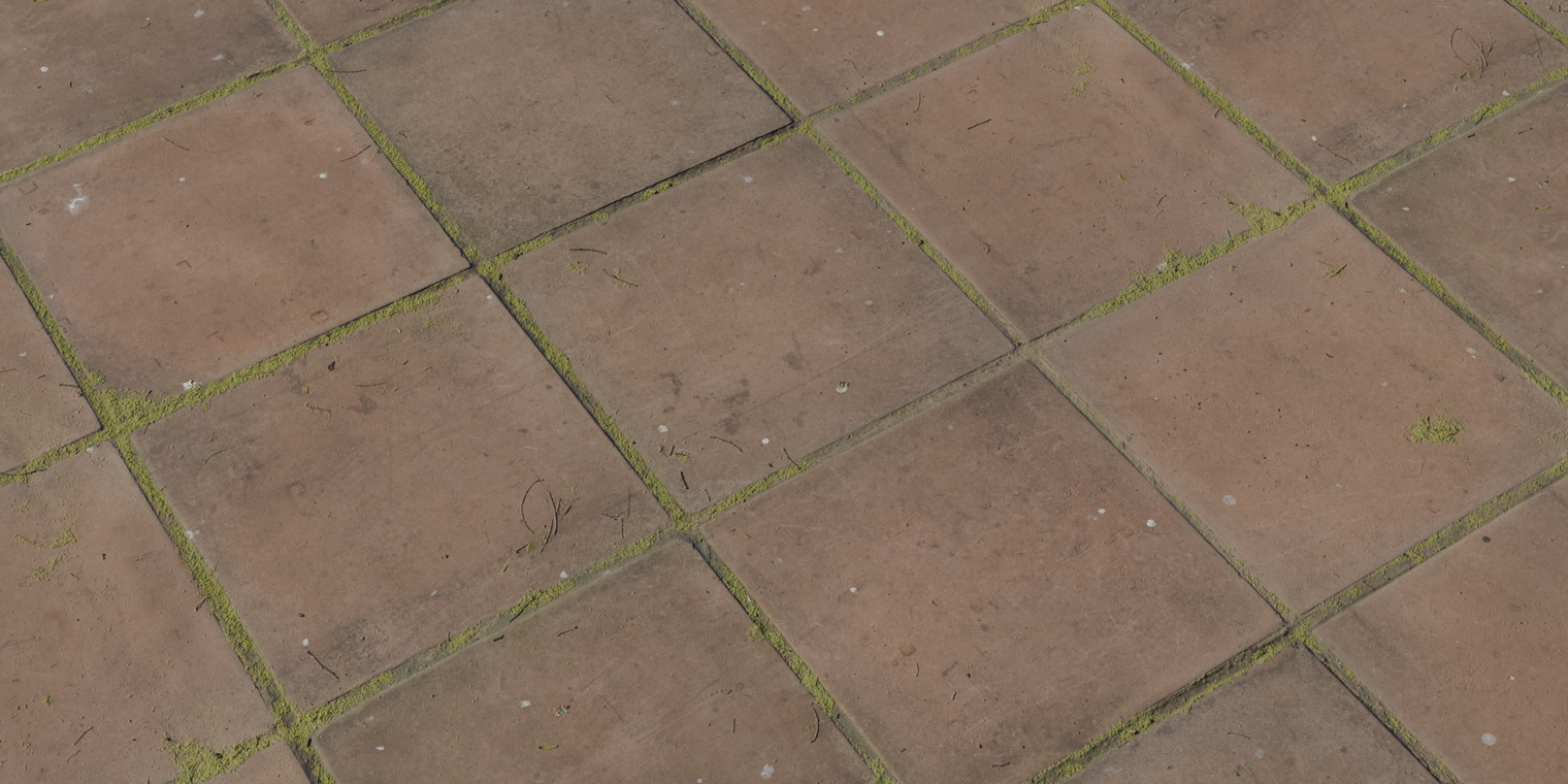Free 8k texture of overgrown concrete pavers - weathered, rough reddish slabs with moss-filled joints, plant debris, cracks and uneven worn edges.
