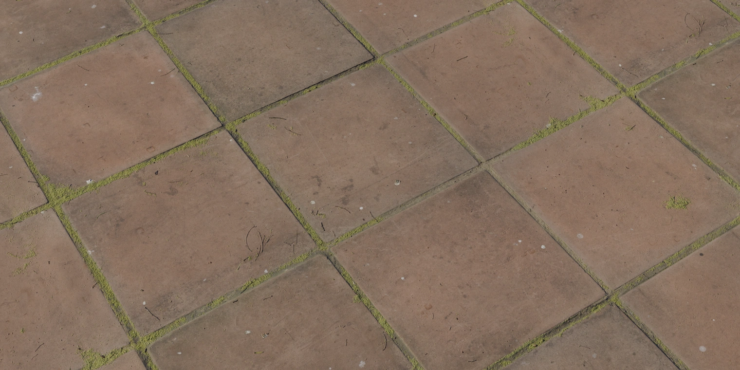 Free 8k texture of overgrown concrete pavers - weathered, rough reddish slabs with moss-filled joints, plant debris, cracks and uneven worn edges.