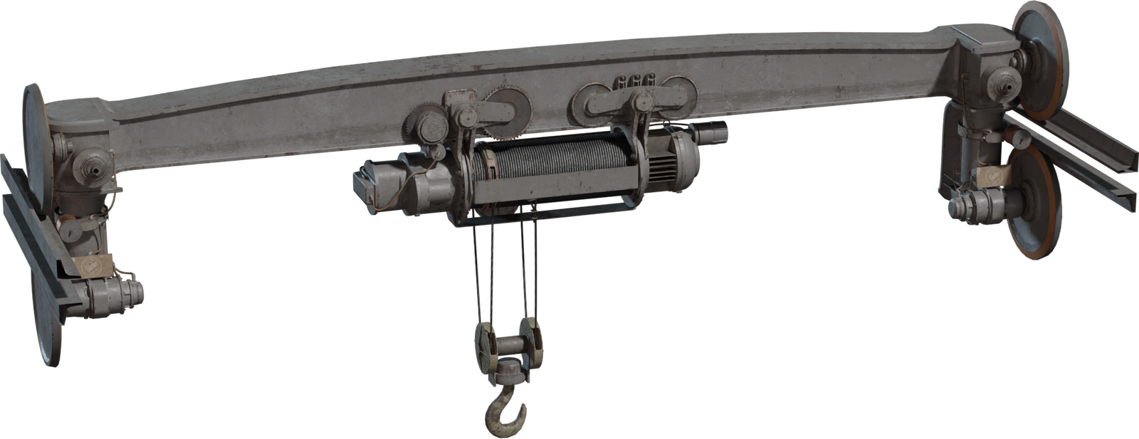 Free 8K model of a weathered overhead crane hoist: arched steel beam, trolley wheels, cable drum, pulleys and worn hook, with bolts, grime and chipped paint.