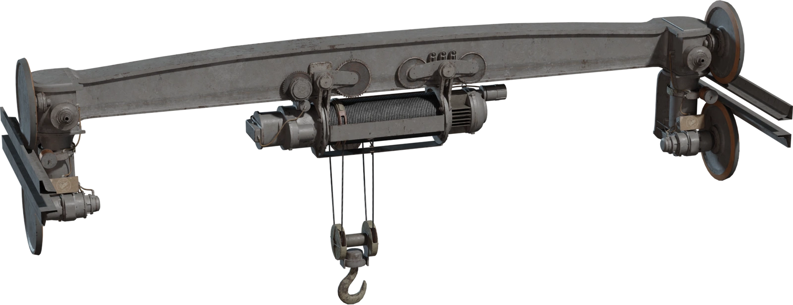 Free 8K model of a weathered overhead crane hoist: arched steel beam, trolley wheels, cable drum, pulleys and worn hook, with bolts, grime and chipped paint.