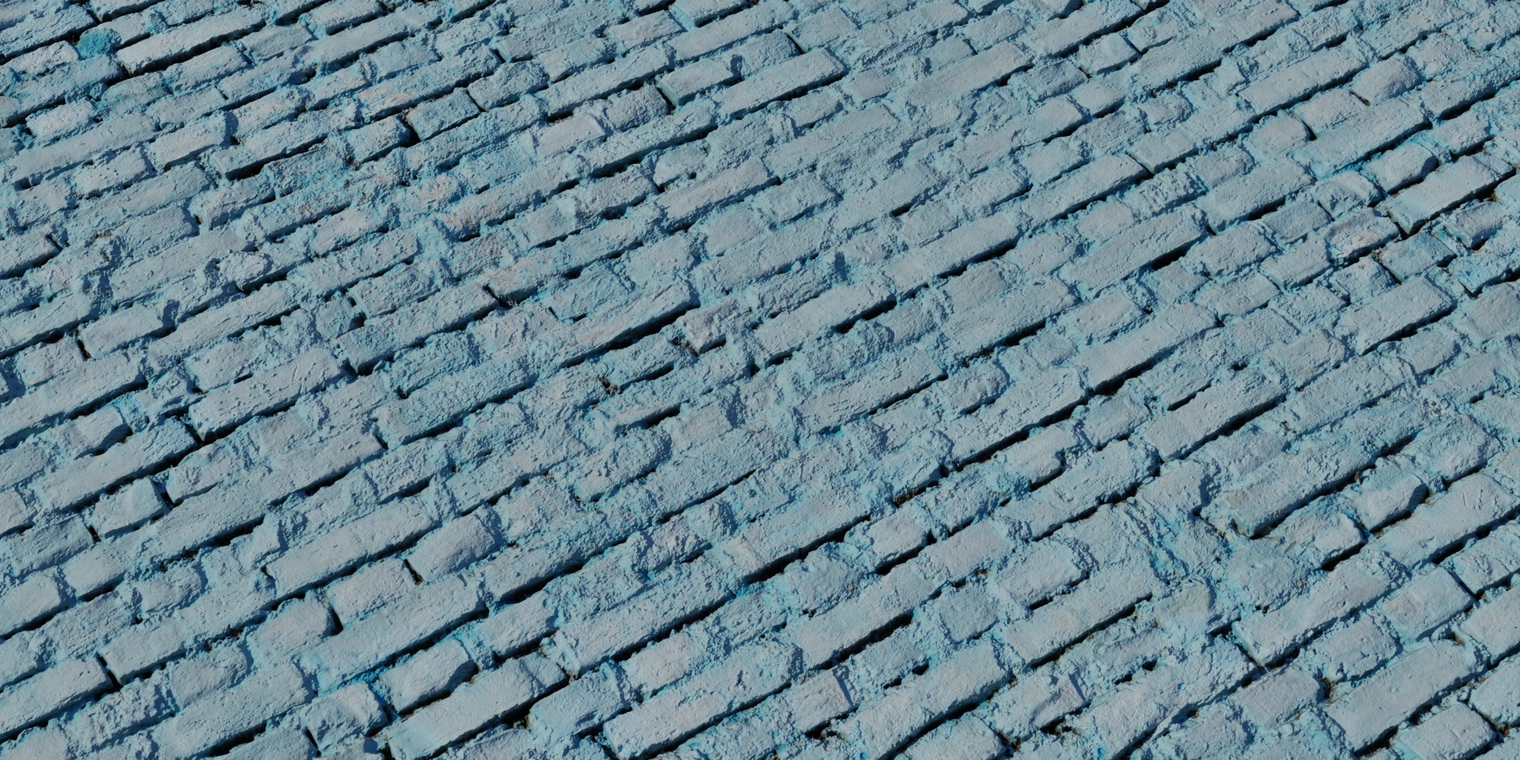 Free 16K texture of weathered painted brick: rough, chipped blue paint over aged bricks with deep mortar and subtle surface grime.