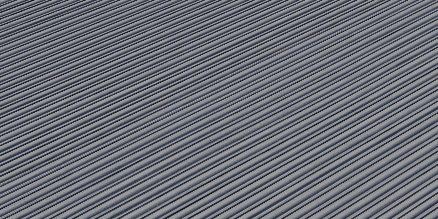 Free 8K texture of a painted corrugated metal shutter, weathered and worn with scratches, dirt, stains and subtle discoloration across ridged painted metal.