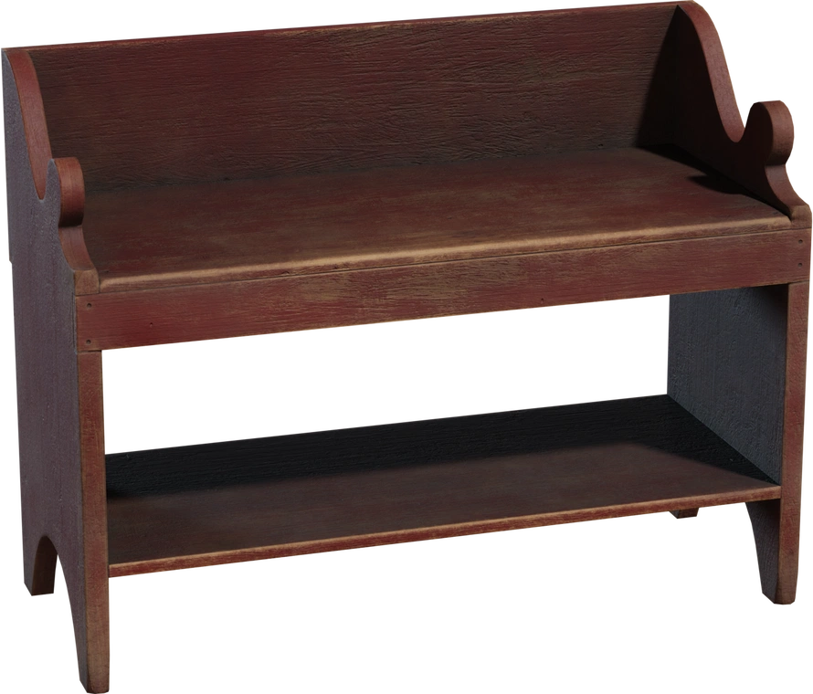 Free 4K painted wooden bench model with worn, antique red finish, rustic farmhouse charm, compact seating and lower shelf - great aged prop for interiors.