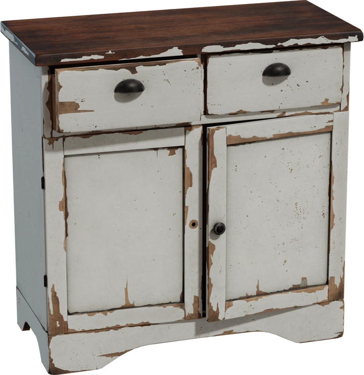 Free 4K model: a weathered painted wooden cabinet with chipped farmhouse paint, colonial details, two drawers and double-door storage - rustic, antique character.