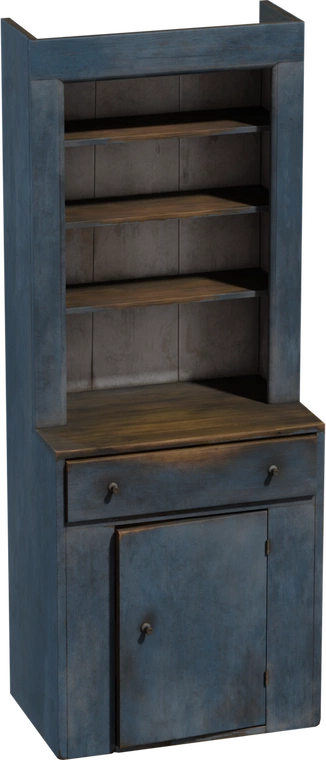 Free 4K model of a painted wooden cabinet: rustic, vintage bookcase with worn blue paint, aged wood, shelves, drawer and lower cupboard.