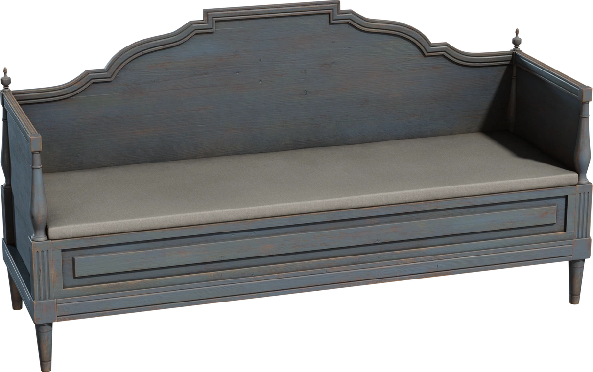 Free 4K model of a painted wooden sofa - vintage outdoor bench-style couch with distressed aged paint, carved details and a simple cushion.