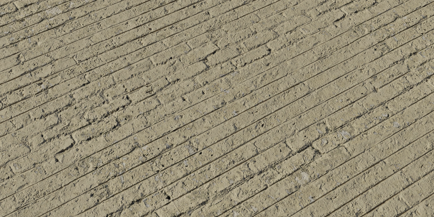Free 8K painted worn brick texture showing yellowed, weathered paint, chipped edges, gritty dirt and rough mortar with subtle surface relief.