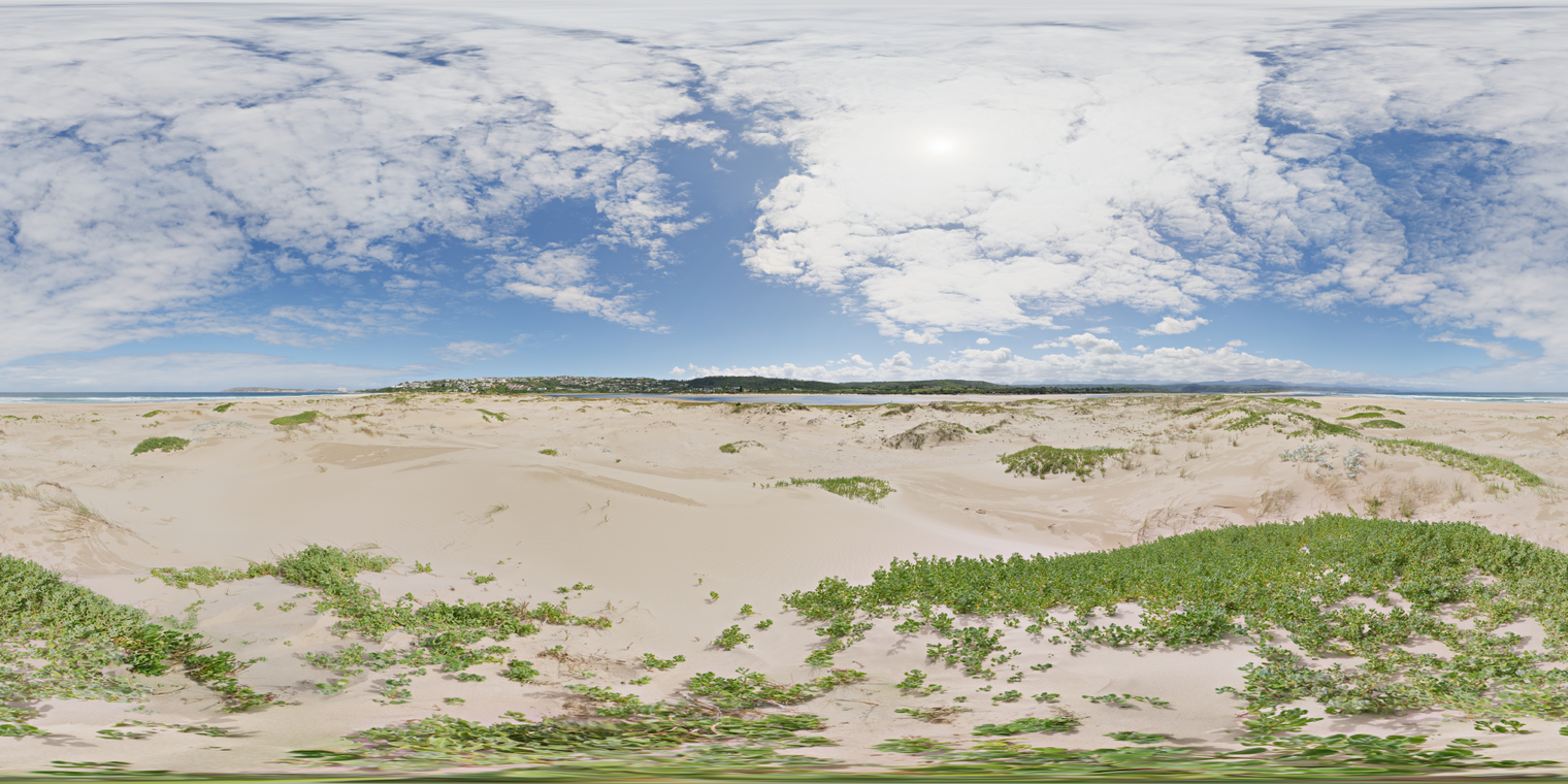 Unclipped, free 24K HDRI of a sunny coastal dune under scattered cumulus clouds; bright blue sky, warm sand bounce, crisp midday shadows, airy, clean daylight.