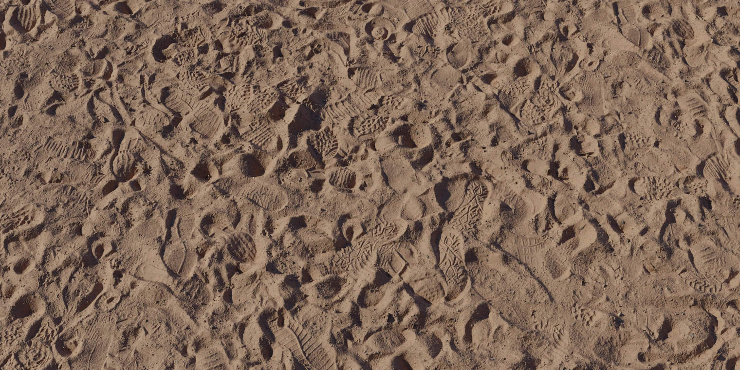 Free 8K texture of brown park sand - trampled, chaotic surface with footprints, tracks, shallow ruts and granular, dry matte finish.