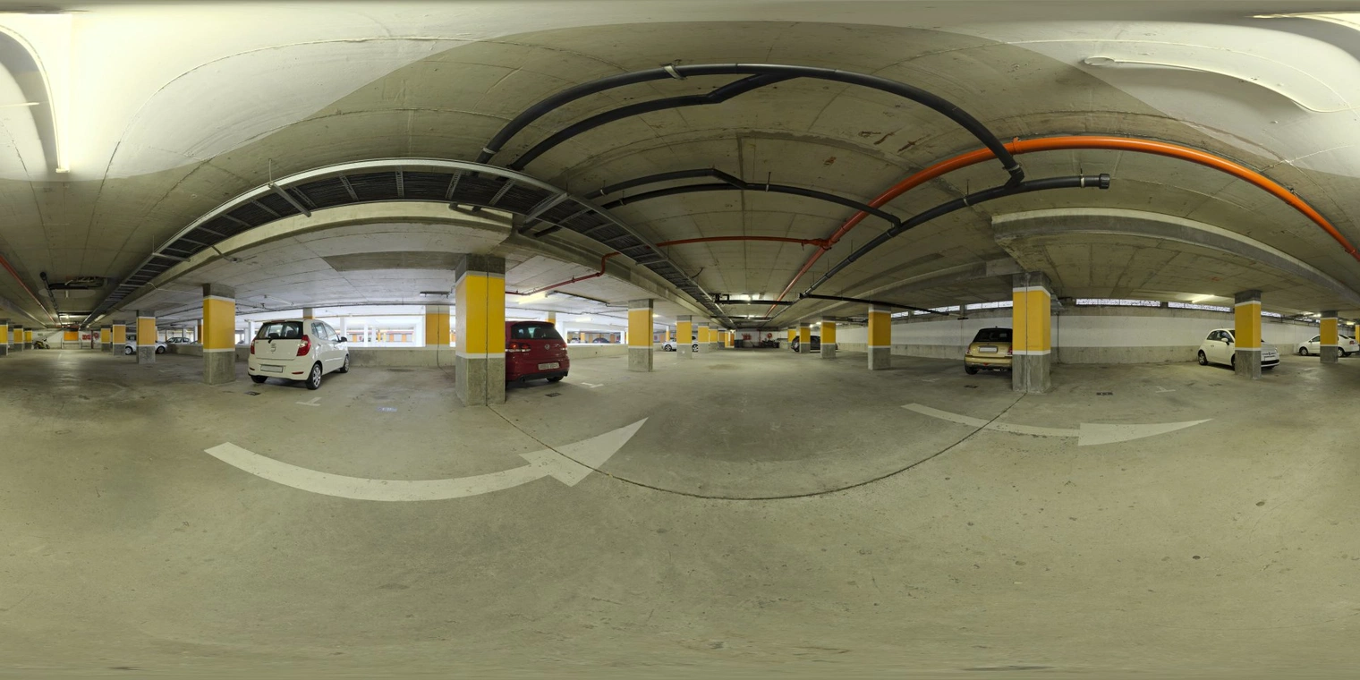 Free, unclipped 16K HDRI of an underground parking garage, with cool natural light from openings, artificial lamps, strong contrast, deep shadows and concrete specular highlights.