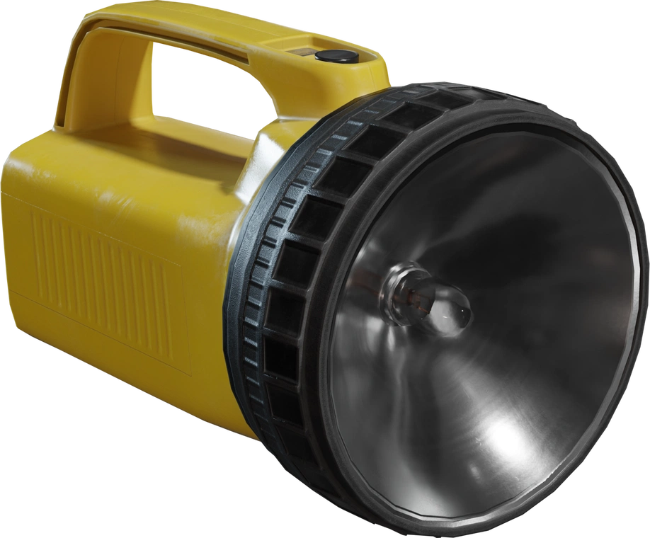 Free 4K model of a plastic 6V torch: chunky yellow body, top button, ribbed sides, black rubber bezel, and a polished metal reflector with clear bulb detail.