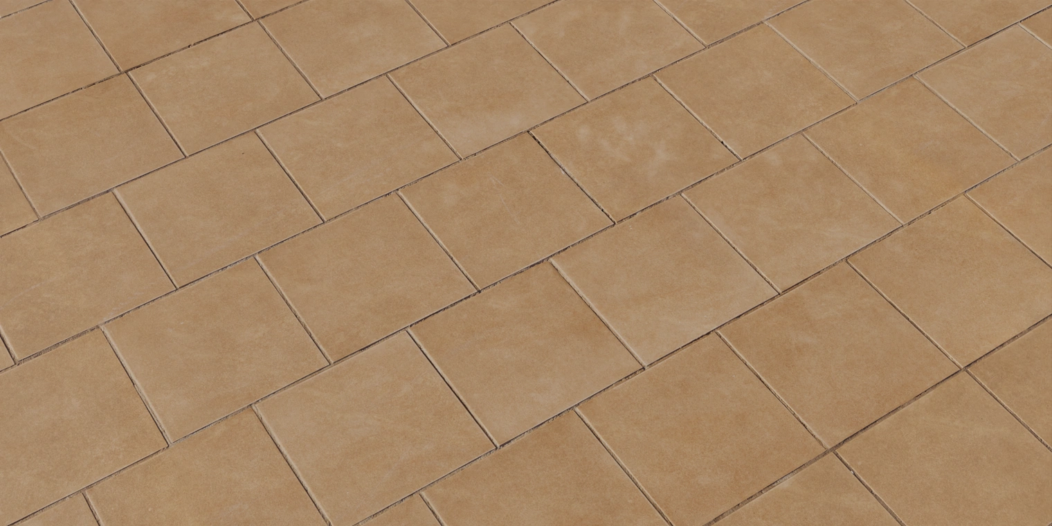Free 8K texture: warm terracotta ceramic patio tiles with subtle wear, matte surface, tight grout lines and consistent square pattern.