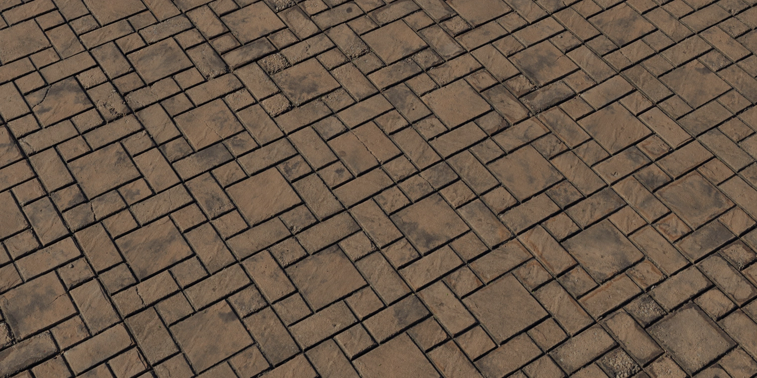 Free 8K texture of patterned brick paving: warm reddish-brown bricks in a rectangular weave, worn edges, dark recessed mortar, subtle roughness and low sheen.