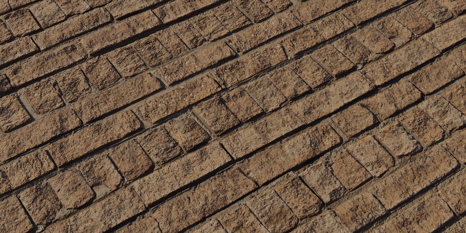 Free 8K texture of a weathered patterned brick wall: rough, dry, chipped brown bricks with recessed mortar, gritty surface and uneven damaged edges.