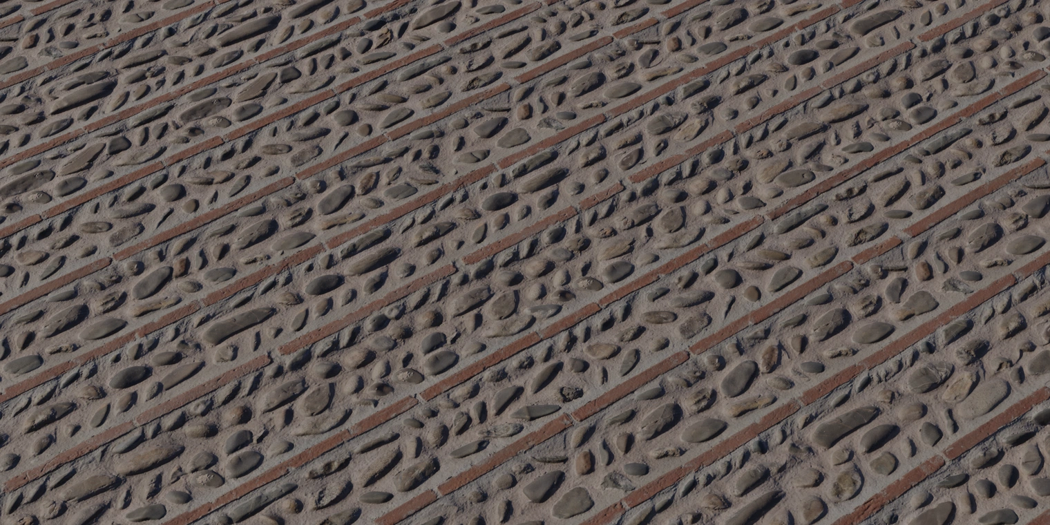 Free 8K texture: weathered patterned brick wall with horizontal red brick bands, pebble-filled plaster, chipped edges and a rough surface with a subtle sheen.