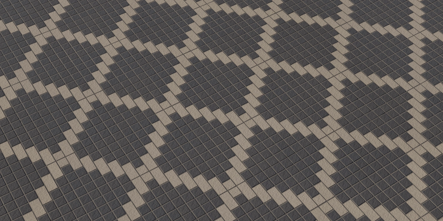 Free 8K texture of a rough patterned brick wall with dark square bricks and tan interlocking diamond motifs, high-detail surface with subtle mortar and wear.