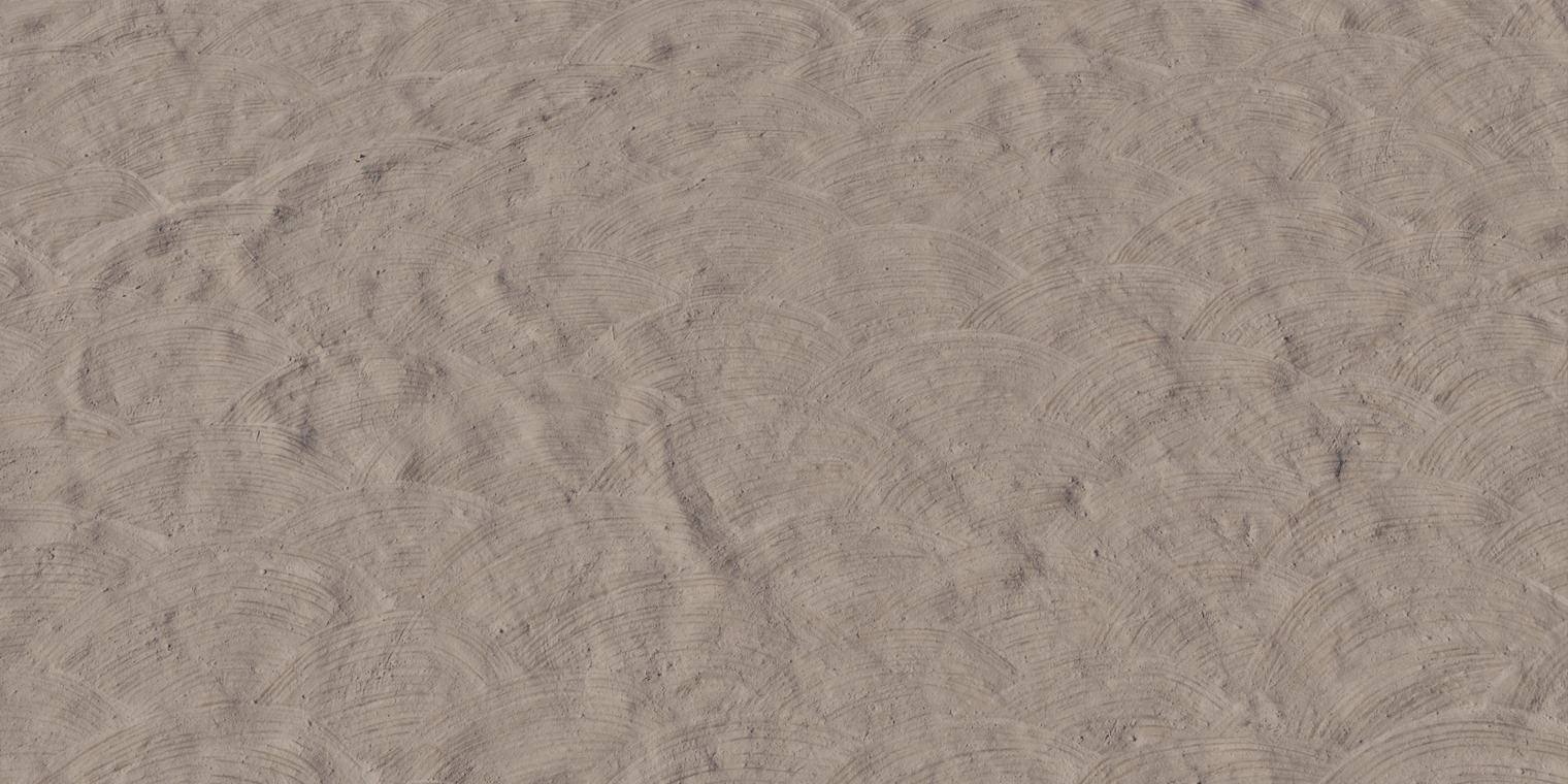 Free 16K clay plaster texture: rough exterior surface with handmade overlapping arc patterns, fine trowel lines and soft earthy beige tones.