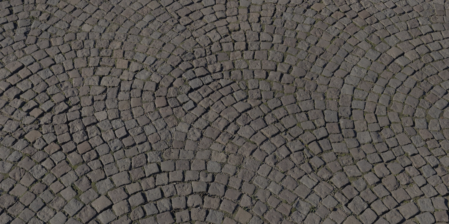 Free 8K texture of patterned cobblestone: uneven, weathered stone blocks with rough, chipped surfaces, dark mossy joints and subtle dirt for outdoor pavement.