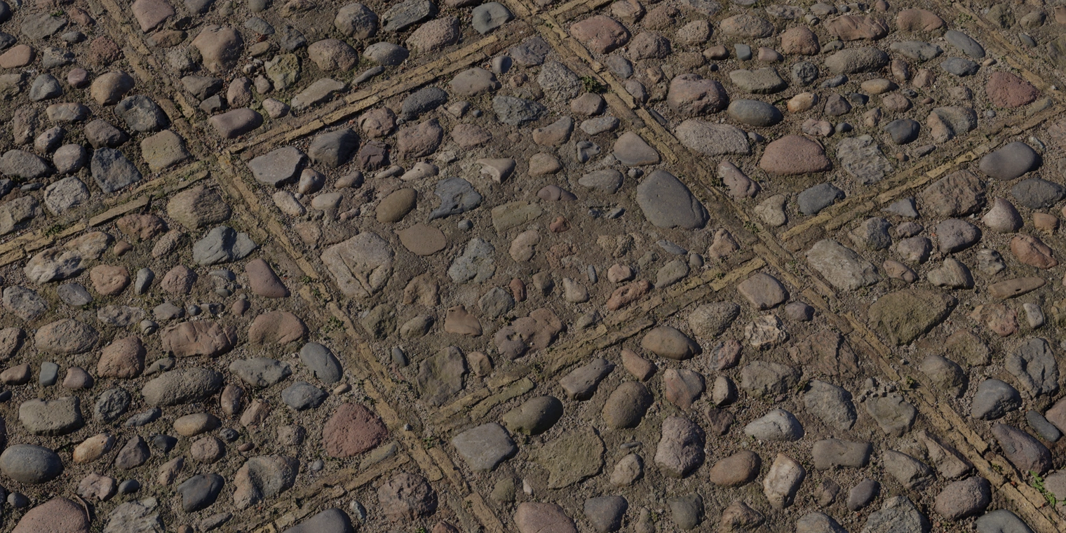 Free 16K cobblestone texture showing weathered, rough patterned stones set in mossy mortar lines with varied earthy tones and gritty surface detail.