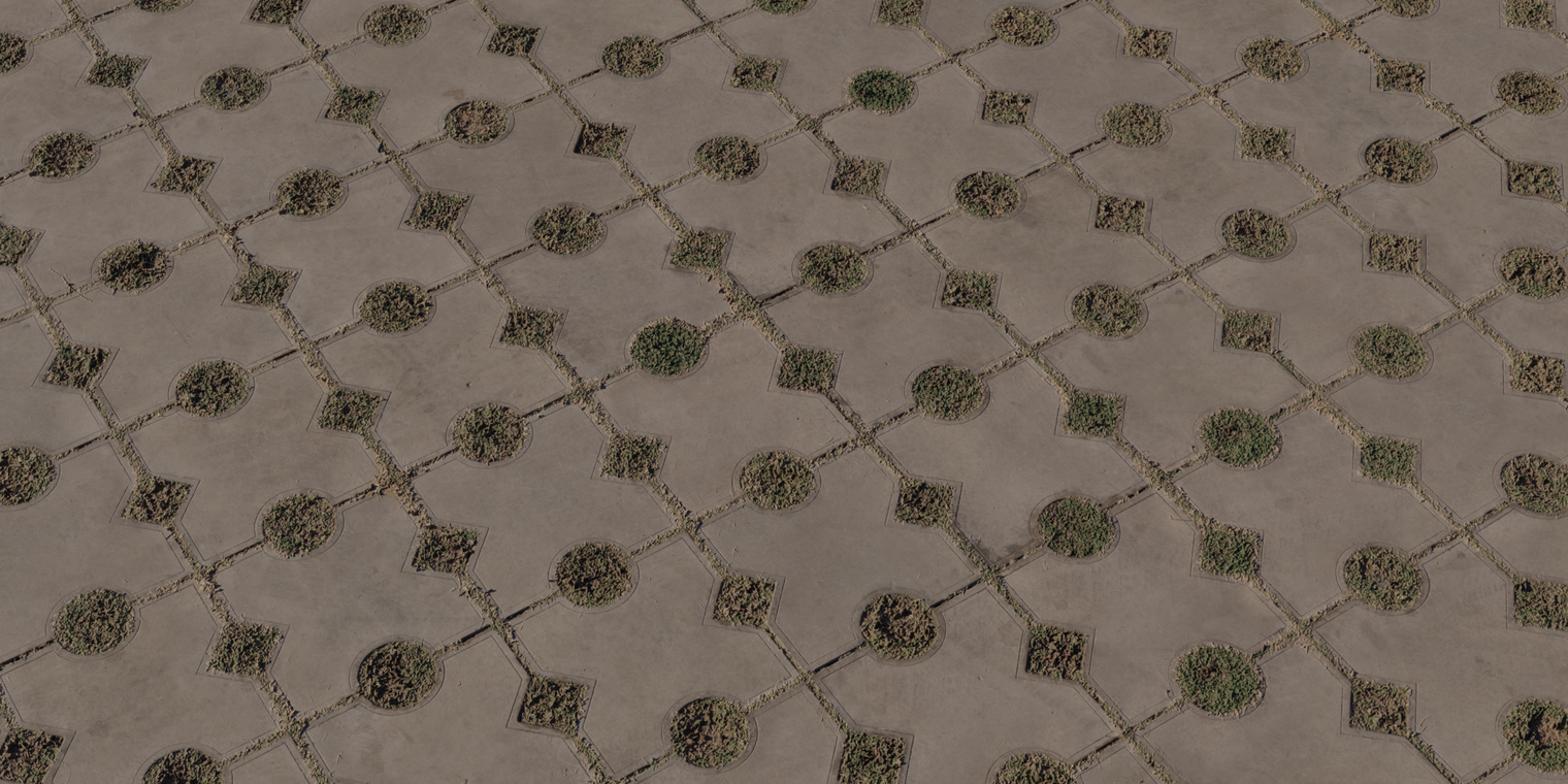 Free 16K patterned concrete texture of stamped pavers with dirt-filled joints and patches of dead grass, a weathered urban walkway surface.