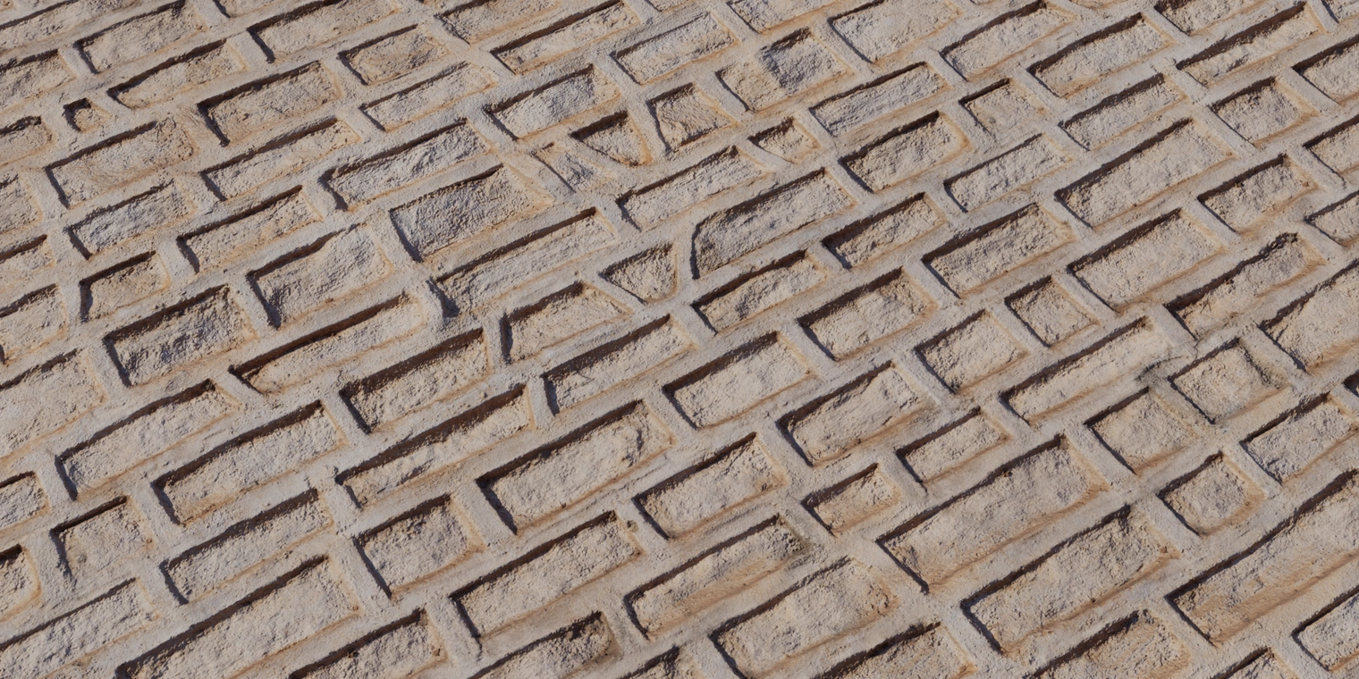 Free 8K plaster texture with rough, patterned rectangular relief, weathered beige concrete surface and dirt-filled crevices.