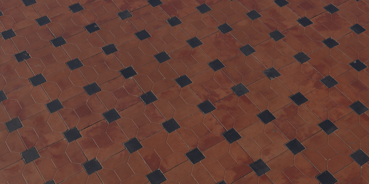 Free 8K terracotta tile texture with an octagon-and-dot pattern, warm red slabs with small black insets, slight sheen, worn edges and fine grout lines.