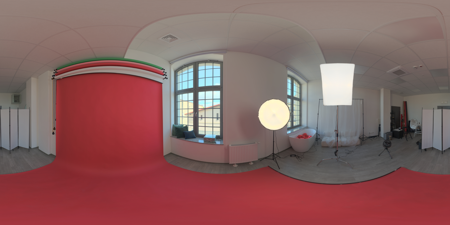 Free 20K unclipped HDRI: red studio with softbox, umbrella and window light. Medium-contrast indoor natural + artificial mix - great for portraits & product.