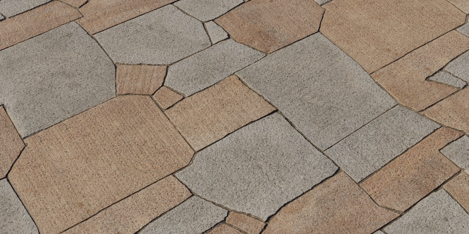 Free 8K texture of worn concrete paving stones with coarse, weathered surfaces in warm gray and terracotta tones, defined grout lines and light dirt.